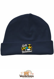 Umschlagmütze Rox-01 in Marineblau mit Motiv Gute Laune im Taschenformat