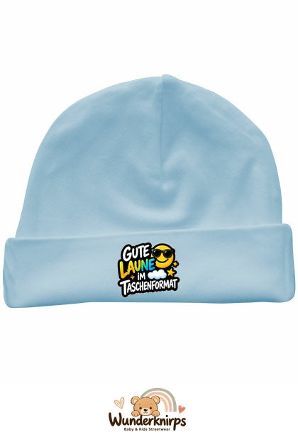 Umschlagmütze Rox-01 in Pastellblau mit Motiv Gute Laune im Taschenformat
