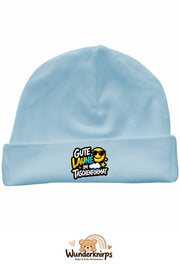 Umschlagmütze Rox-01 in Pastellblau mit Motiv Gute Laune im Taschenformat