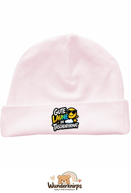 Umschlagmütze Rox-01 in Pastellrosa mit Motiv Gute Laune im Taschenformat