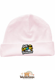 Umschlagmütze Rox-01 in Pastellrosa mit Motiv Gute Laune im Taschenformat