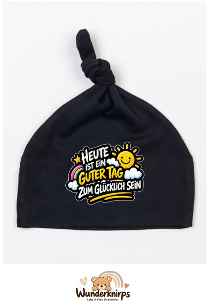 Knotenmütze Babybugz BZ15 in Schwarz mit Motiv Ein guter Tag zum Glücklichsein