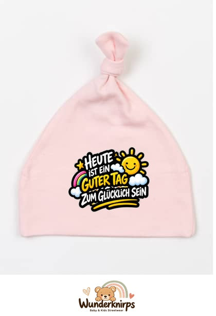 Knotenmütze Babybugz BZ15 in Pastellrosa mit Motiv Ein guter Tag zum Glücklichsein