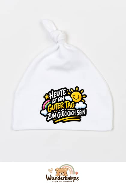 Knotenmütze Babybugz BZ15 in Weiß mit Motiv Ein guter Tag zum Glücklichsein