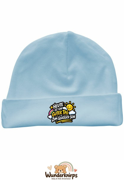 Umschlagmütze Rox-01 in Pastellblau mit Motiv Ein guter Tag zum Glücklichsein