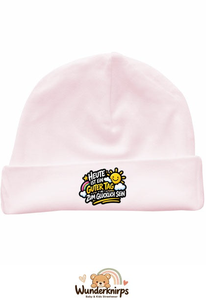 Umschlagmütze Rox-01 in Pastellrosa mit Motiv Ein guter Tag zum Glücklichsein