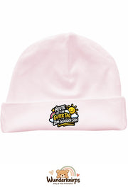 Umschlagmütze Rox-01 in Pastellrosa mit Motiv Ein guter Tag zum Glücklichsein