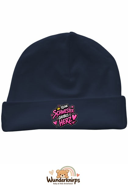 Umschlagmütze Rox-01 in Marineblau mit Motiv Kleine Schwester, großes Herz