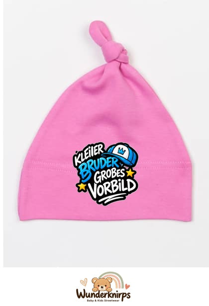 Knotenmütze Babybugz BZ15 in Bubblegum-Pink mit Motiv Kleiner Bruder, großes Vorbild