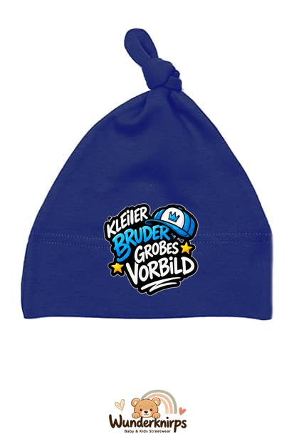 Knotenmütze Babybugz BZ15 in Marineblau mit Motiv Kleiner Bruder, großes Vorbild