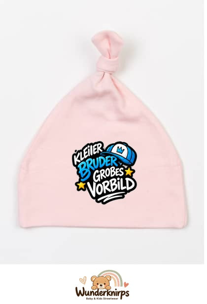 Knotenmütze Babybugz BZ15 in Pastellrosa mit Motiv Kleiner Bruder, großes Vorbild