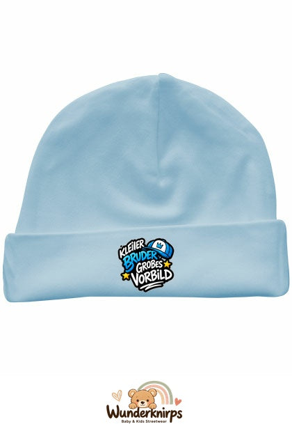 Umschlagmütze Rox-01 in Pastellblau mit Motiv Kleiner Bruder, großes Vorbild