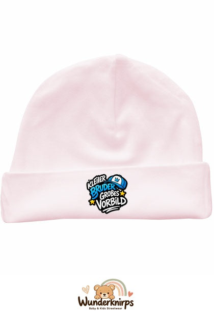 Umschlagmütze Rox-01 in Pastellrosa mit Motiv Kleiner Bruder, großes Vorbild