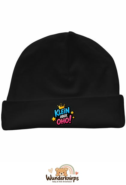 Umschlagmütze Rox-01 in Schwarz mit Motiv Klein, aber oho