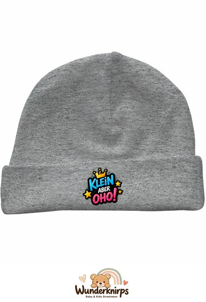 Umschlagmütze Rox-01 in Grau meliert mit Motiv Klein, aber oho