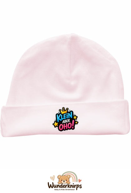 Umschlagmütze Rox-01 in Pastellrosa mit Motiv Klein, aber oho