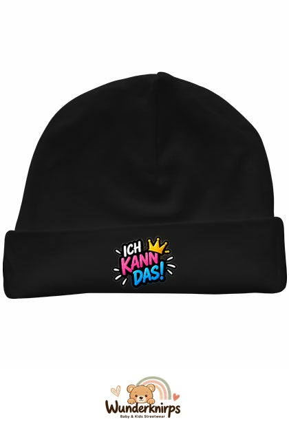 Umschlagmütze Rox-01 in Schwarz mit Motiv Ich kann das