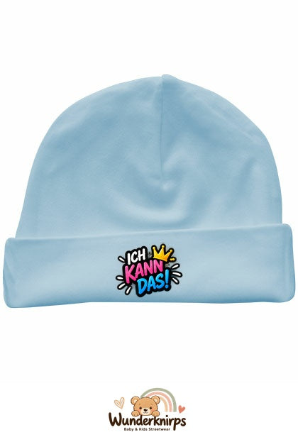 Umschlagmütze Rox-01 in Pastellblau mit Motiv Ich kann das