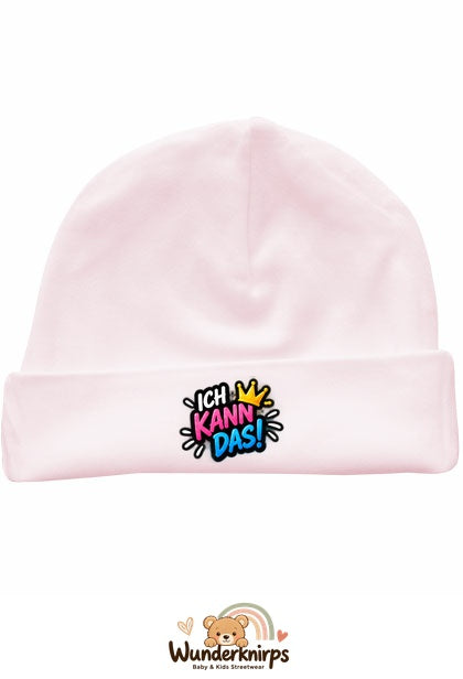Umschlagmütze Rox-01 in Pastellrosa mit Motiv Ich kann das