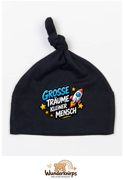 Knotenmütze Babybugz BZ15 in Schwarz mit Motiv Rakete Große Träume