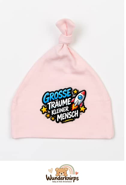 Knotenmütze Babybugz BZ15 in Pastellrosa mit Motiv Rakete Große Träume