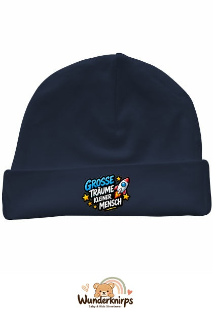 Umschlagmütze Rox-01 in Marineblau mit Motiv Rakete Große Träume