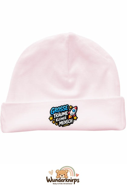 Umschlagmütze Rox-01 in Pastellrosa mit Motiv Rakete Große Träume