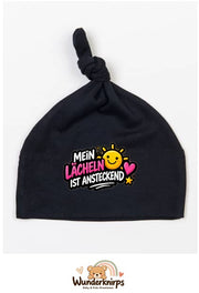 Knotenmütze Babybugz BZ15 in Schwarz mit Motiv Mein Lächeln ist ansteckend