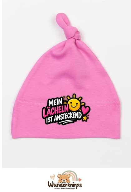 Knotenmütze Babybugz BZ15 in Bubblegum-Pink mit Motiv Mein Lächeln ist ansteckend