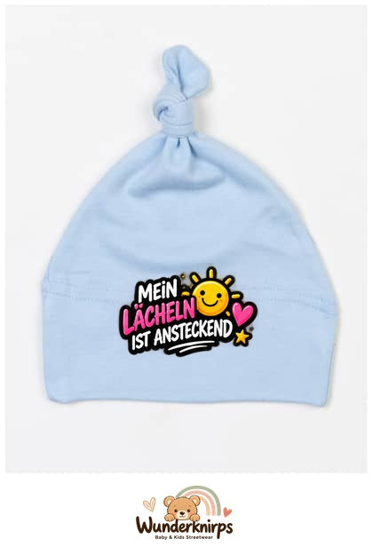 Knotenmütze Babybugz BZ15 in Staubblau mit Motiv Mein Lächeln ist ansteckend