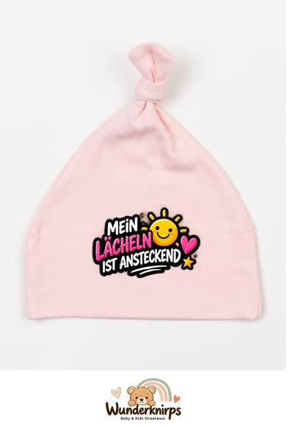 Knotenmütze Babybugz BZ15 in Pastellrosa mit Motiv Mein Lächeln ist ansteckend