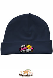 Umschlagmütze Rox-01 in Marineblau mit Motiv Mein Lächeln ist ansteckend