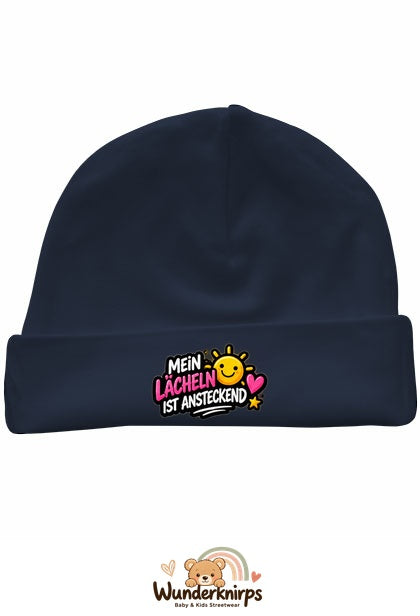 Umschlagmütze Rox-01 in Marineblau mit Motiv Mein Lächeln ist ansteckend