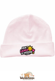 Umschlagmütze Rox-01 in Pastellrosa mit Motiv Mein Lächeln ist ansteckend