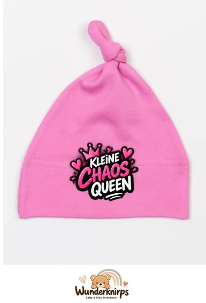 Knotenmütze Babybugz BZ15 in Bubblegum-Pink mit Motiv Kleine Chaos Queen