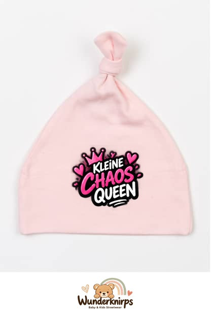 Knotenmütze Babybugz BZ15 in Pastellrosa mit Motiv Kleine Chaos Queen