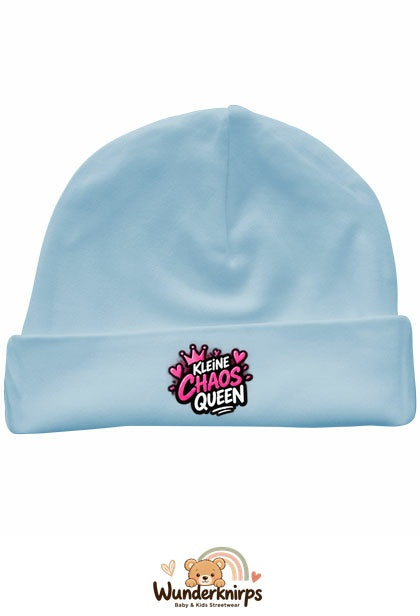 Umschlagmütze Rox-01 in Pastellblau mit Motiv Kleine Chaos Queen