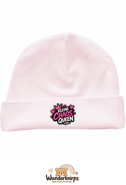 Umschlagmütze Rox-01 in Pastellrosa mit Motiv Kleine Chaos Queen