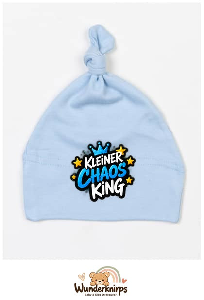 Knotenmütze Babybugz BZ15 in Staubblau mit Motiv Kleiner Chaos King