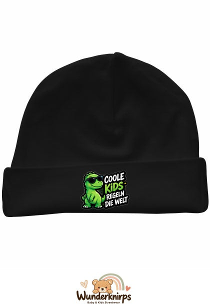 Umschlagmütze Rox-01 in Schwarz mit Motiv Coole Kids regeln die Welt