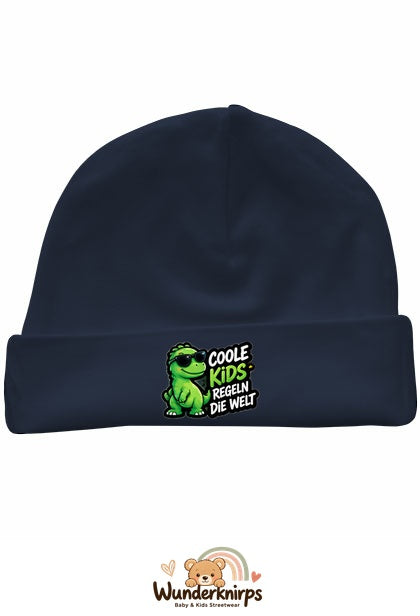 Umschlagmütze Rox-01 in Marineblau mit Motiv Coole Kids regeln die Welt