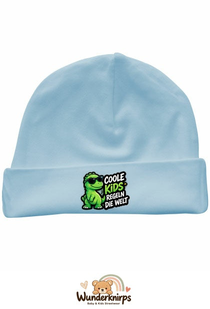 Umschlagmütze Rox-01 in Pastellblau mit Motiv Coole Kids regeln die Welt