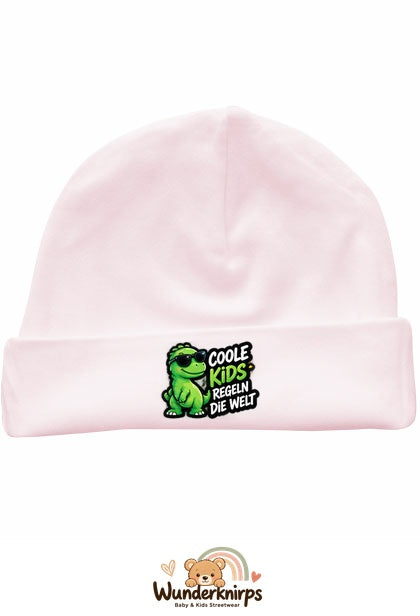 Umschlagmütze Rox-01 in Pastellrosa mit Motiv Coole Kids regeln die Welt