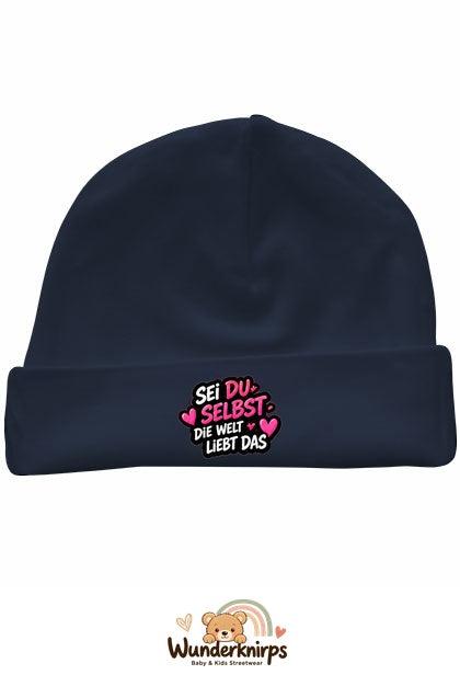Umschlagmütze Rox-01 in Marineblau mit Motiv Sei du selbst