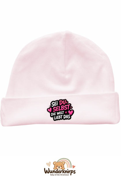 Umschlagmütze Rox-01 in Pastellrosa mit Motiv Sei du selbst