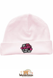 Umschlagmütze Rox-01 in Pastellrosa mit Motiv Sei du selbst
