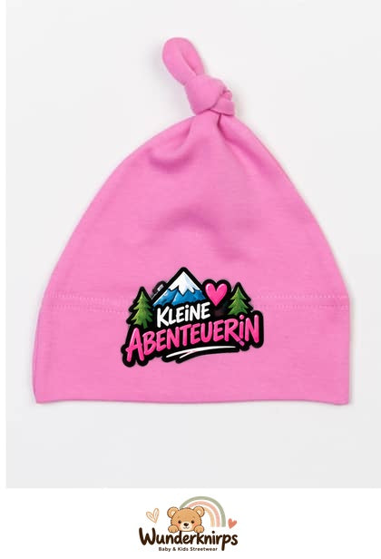 Knotenmütze Babybugz BZ15 in Bubblegum-Pink mit Motiv Kleine Abenteurerin