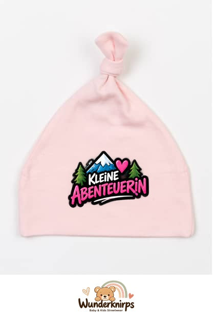 Knotenmütze Babybugz BZ15 in Pastellrosa mit Motiv Kleine Abenteurerin