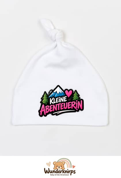 Knotenmütze Babybugz BZ15 in Weiß mit Motiv Kleine Abenteurerin