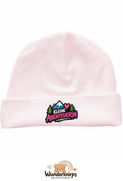 Umschlagmütze Rox-01 in Pastellrosa mit Motiv Kleine Abenteurerin